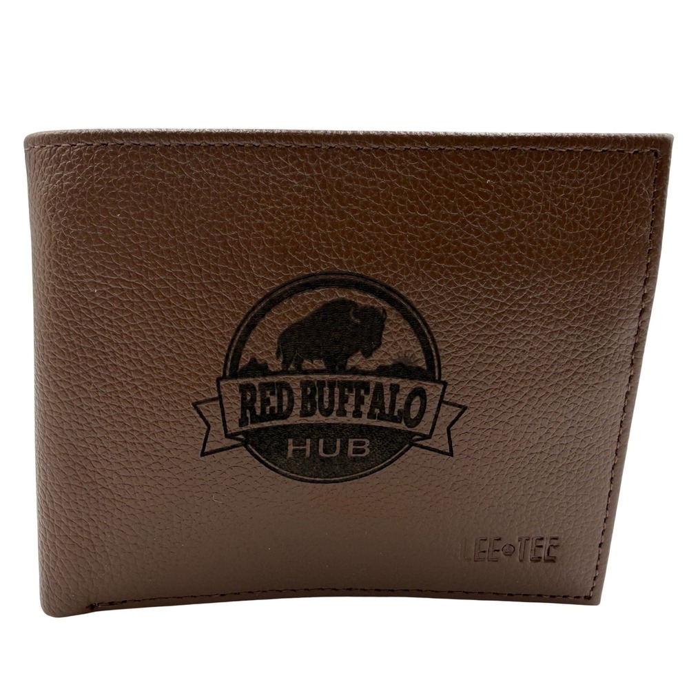 Lee-Tee Red Buffalo Hub Brown Pebbled Leather Bifold Wallet Zipper Pocket Mens